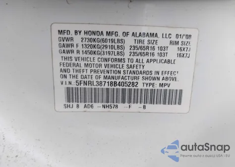 2008 Honda Odyssey Ex-L z USA, uszkodzony, nr VIN 5FNRL38718B405282